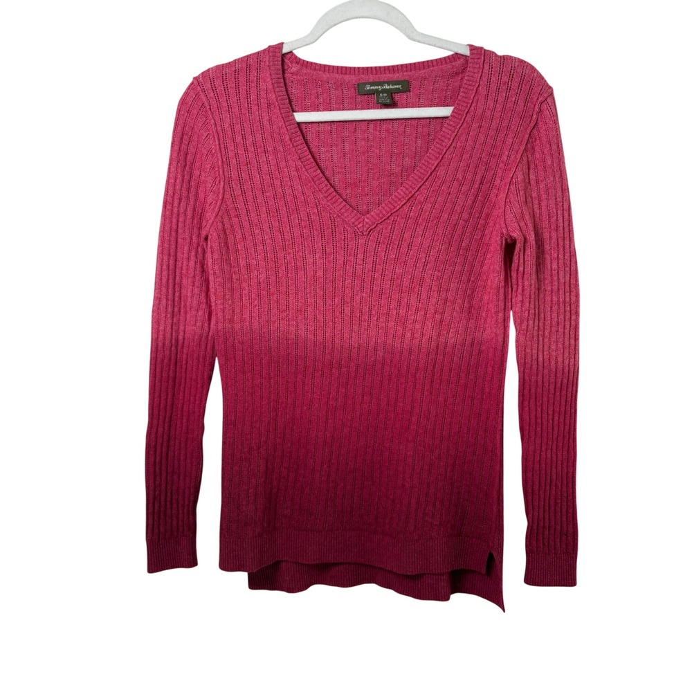 Tommy Bahama V-Neck Sweater Womens S Pink Ombre Rib Knit Merino Alpaca Blend